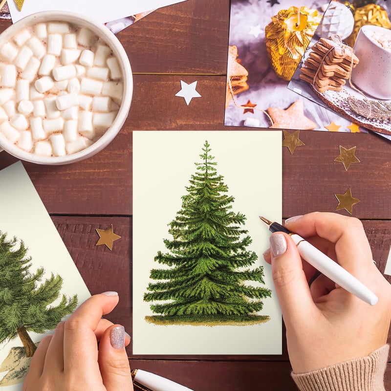 Whaline 36Pcs Christmas Postcard Vintage Xmas Tree Post Card 6 Designs Green Beige Greeting Card for Winter Party Supplies, 4 x 6 Inch - Image 4